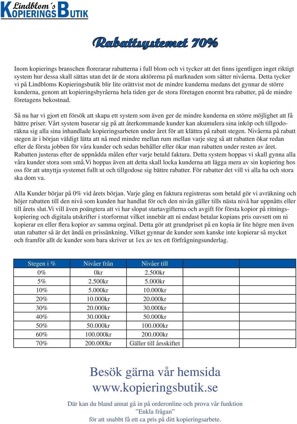Detta tycker vi på Lindbloms Kopieringsbutik blir lite orättvist mot de mindre kunderna medans det gynnar de större kunderna, genom att kopieringsbyråerna hela tiden ger de stora företagen enormt bra