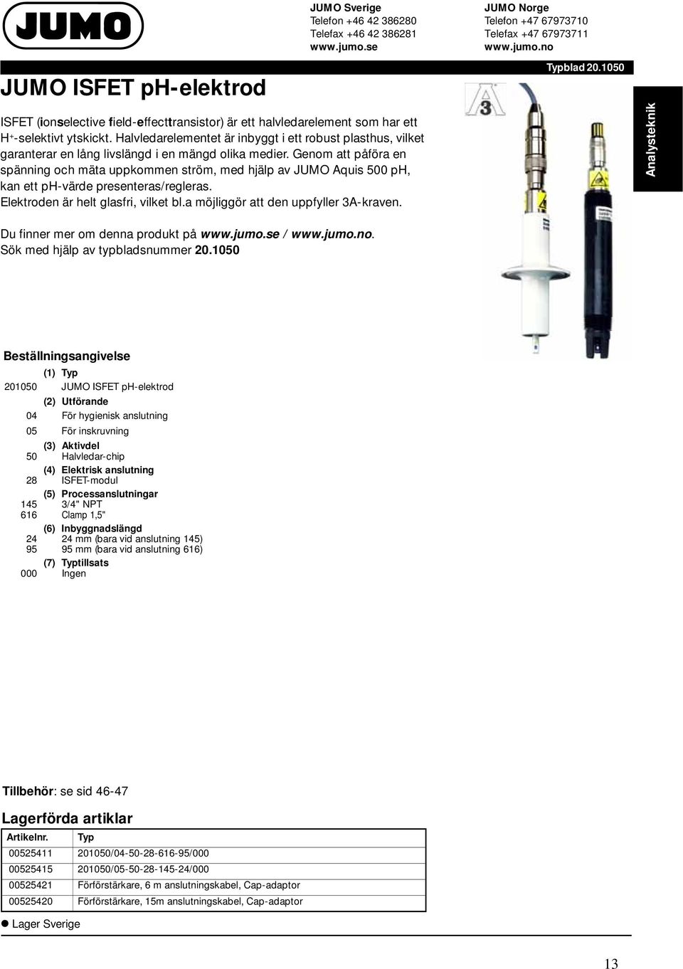 Genom att påföra en spänning och mäta uppkommen ström, med hjälp av JUMO Aquis 500 ph, kan ett ph-värde presenteras/regleras. Elektroden är helt glasfri, vilket bl.