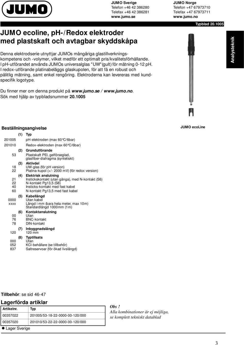 I redox-utförande platinabeläggs glaskupolen, för att få en robust och pålitlig mätning, samt enkel rengöring. Elektroderna kan levereras med kundspecifik logotype. Typblad 20.