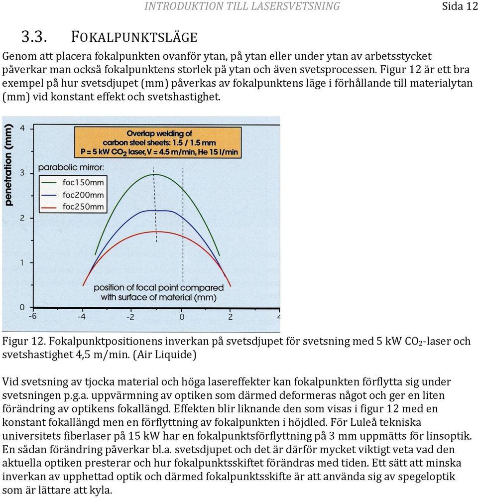 Figur 12 är ett bra exempel på hur svetsdjupet (mm) påverkas av fokalpunktens läge i förhållande till materialytan (mm) vid konstant effekt och svetshastighet. Figur 12.