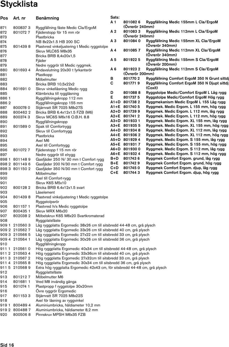 880 801693 4 Ändavslutning 20x30 t fyrkantsrör 881 Plastkopp 882 Möbelmutter 883 Bricka BRB 10,5x22x2 884 801691 0 Skruv vinkellåsning Medic rygg 885 Klämbricka till rygglåsning 886 1