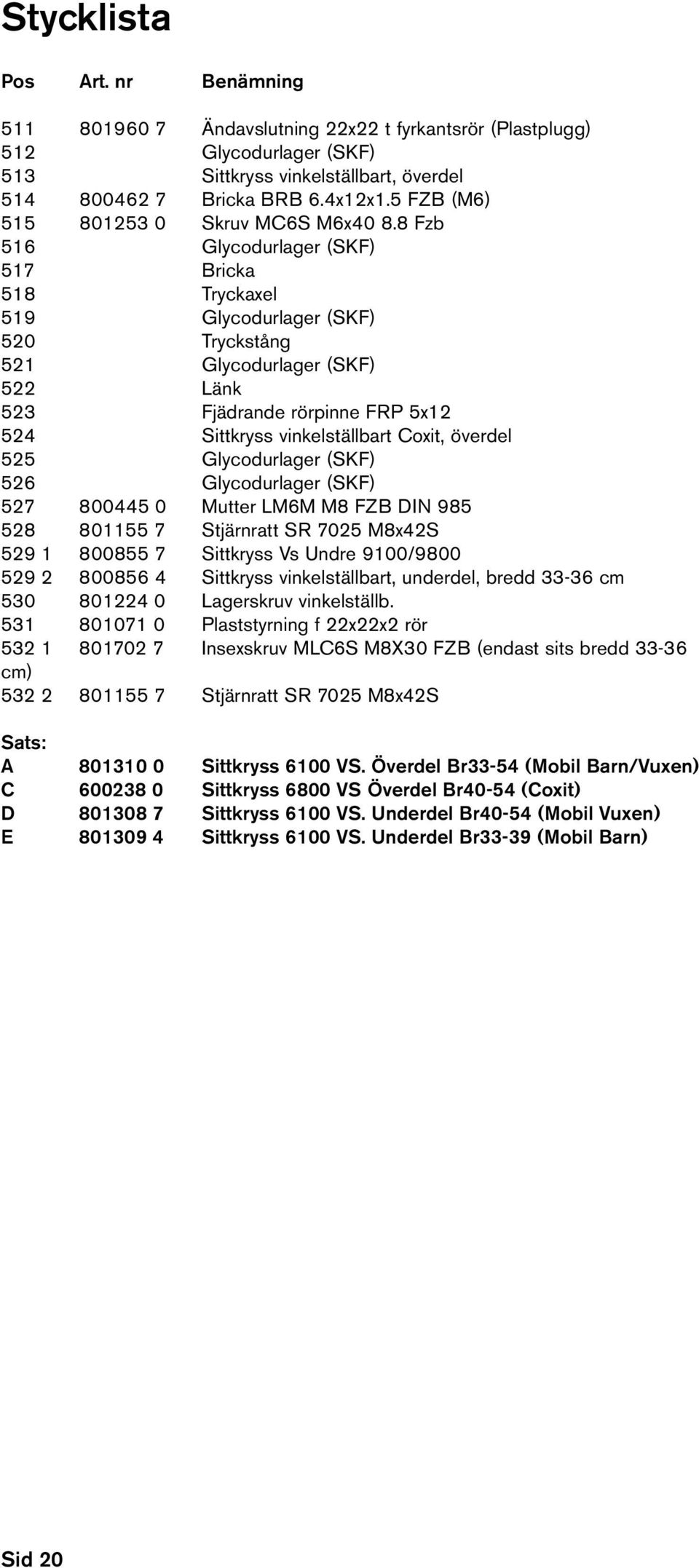 8 Fzb 516 Glycodurlager (SKF) 517 Bricka 518 Tryckaxel 519 Glycodurlager (SKF) 520 Tryckstång 521 Glycodurlager (SKF) 522 Länk 523 Fjädrande rörpinne FRP 5x12 524 Sittkryss vinkelställbart Coxit,