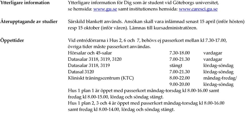 Öppettider Vid entrédörrarna i Hus 2, 6 och 7, behövs ej passerkort mellan kl 7.30-17.00, övriga tider måste passerkort användas. Hörsalar och 45-salar 7.30-18.