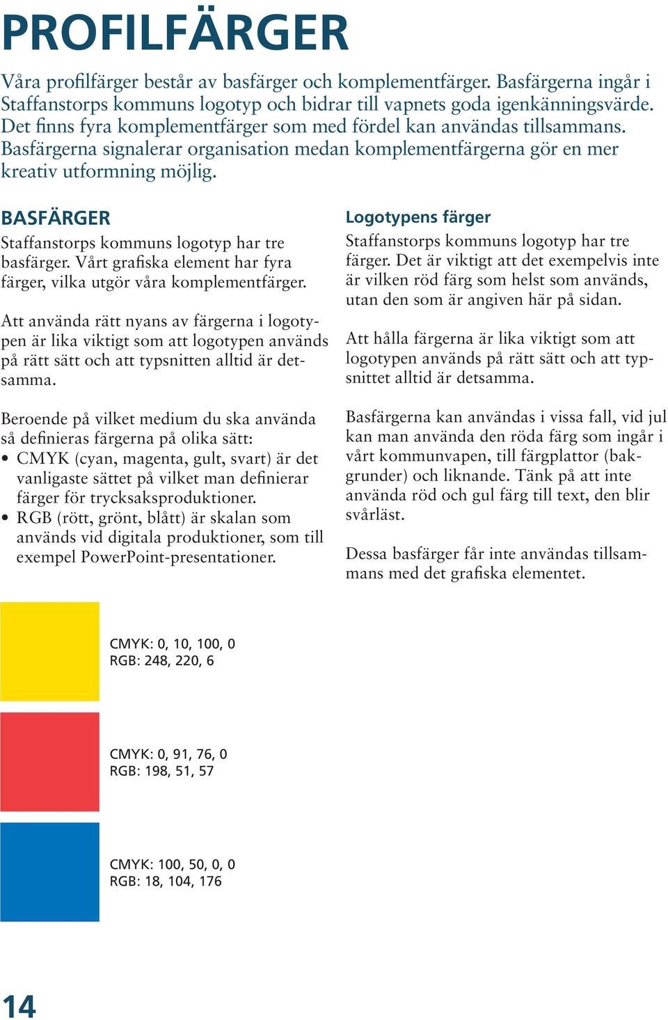 BASFÄRGER Staffanstorps kommuns logotyp har tre basfärger. Vårt grafiska element har fyra färger, vilka utgör våra komplementfärger.