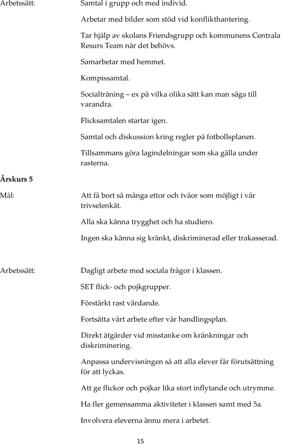 Tillsammans göra lagindelningar som ska gälla under rasterna. Årskurs 5 Mål: Att få bort så många ettor och tvåor som möjligt i vår trivselenkät. Alla ska känna trygghet och ha studiero.