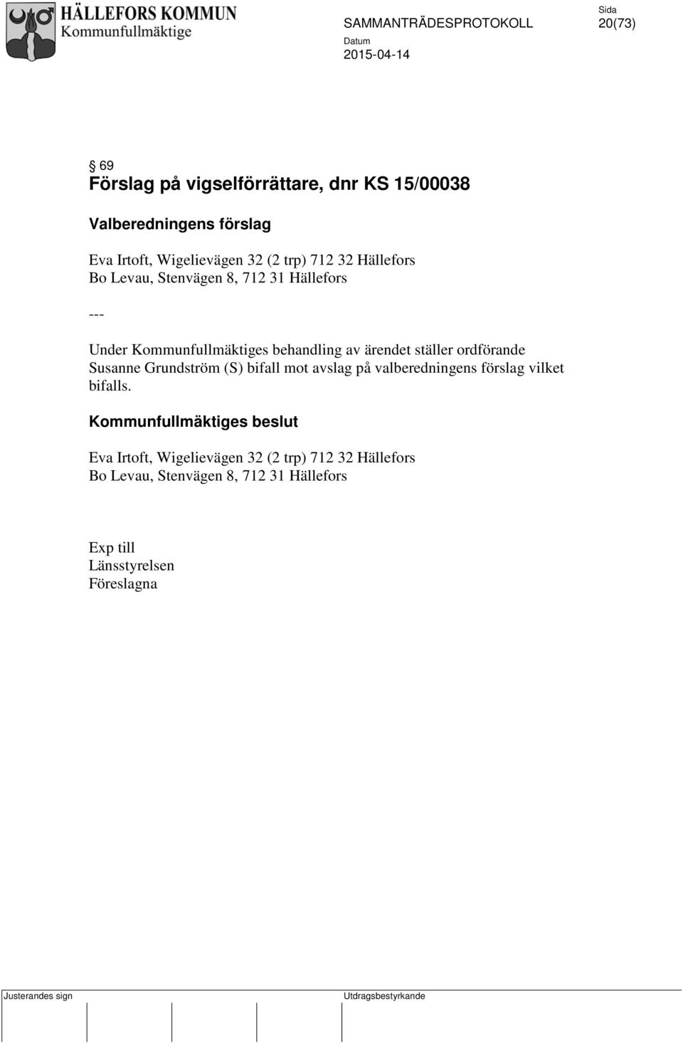 Susanne Grundström (S) bifall mot avslag på valberedningens förslag vilket bifalls.