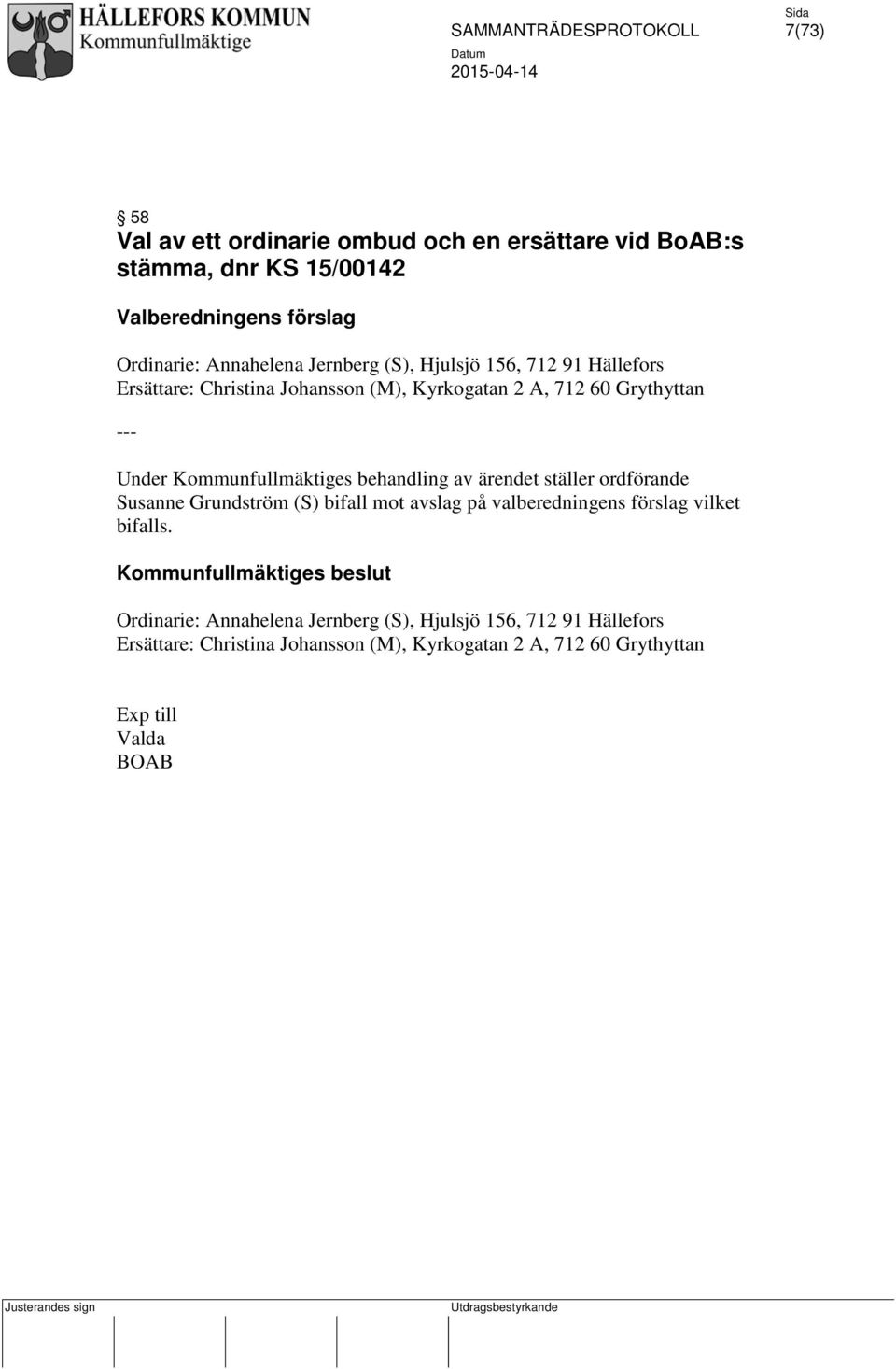 ärendet ställer ordförande Susanne Grundström (S) bifall mot avslag på valberedningens förslag vilket bifalls.