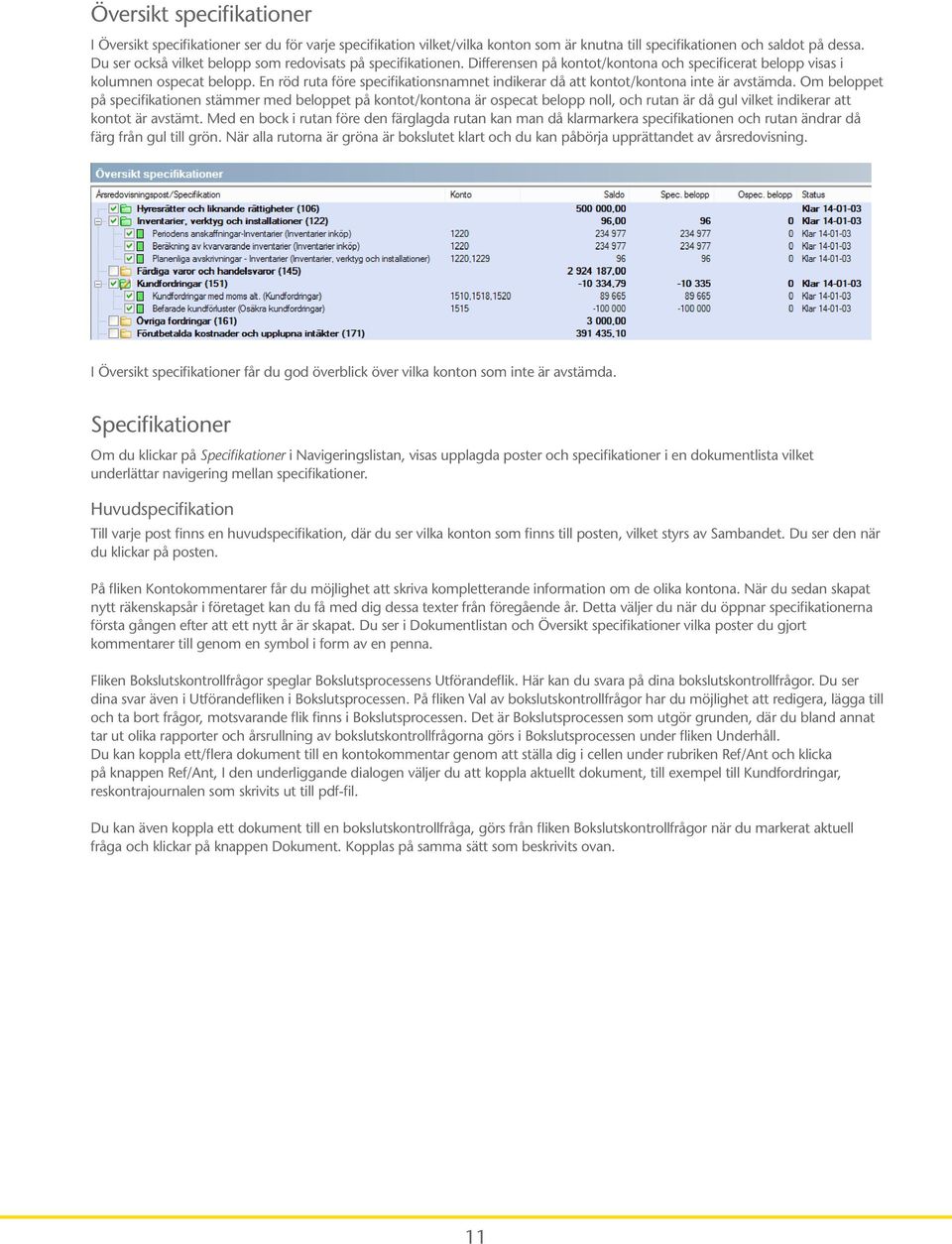 En röd ruta före specifikationsnamnet indikerar då att kontot/kontona inte är avstämda.