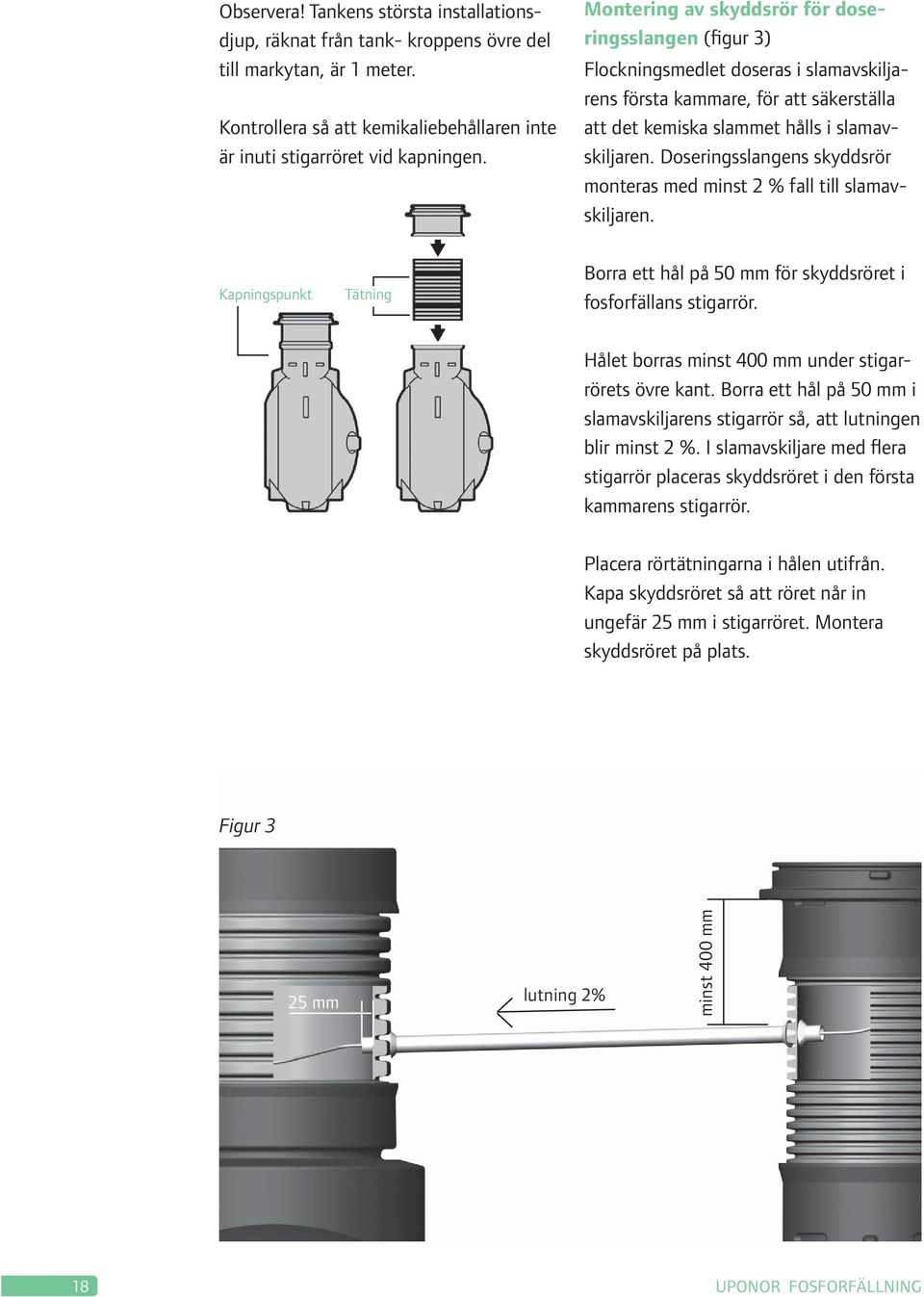 Doseringsslangens skyddsrör monteras med minst 2 % fall till slamavskiljaren. Kapningspunkt Tätning Borra ett hål på 50 mm för skyddsröret i fosforfällans stigarrör.