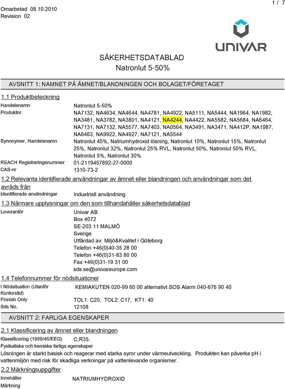 NA198, NA6463, NA9922, NA492, NA121, NA5544 Synonymer, Handelsnamn Natronlut 45%, Natriumhydroxid lösning, Natronlut 10%, Natronlut 15%, Natronlut 25%, Natronlut 32%, Natronlut 25% RVL, Natronlut