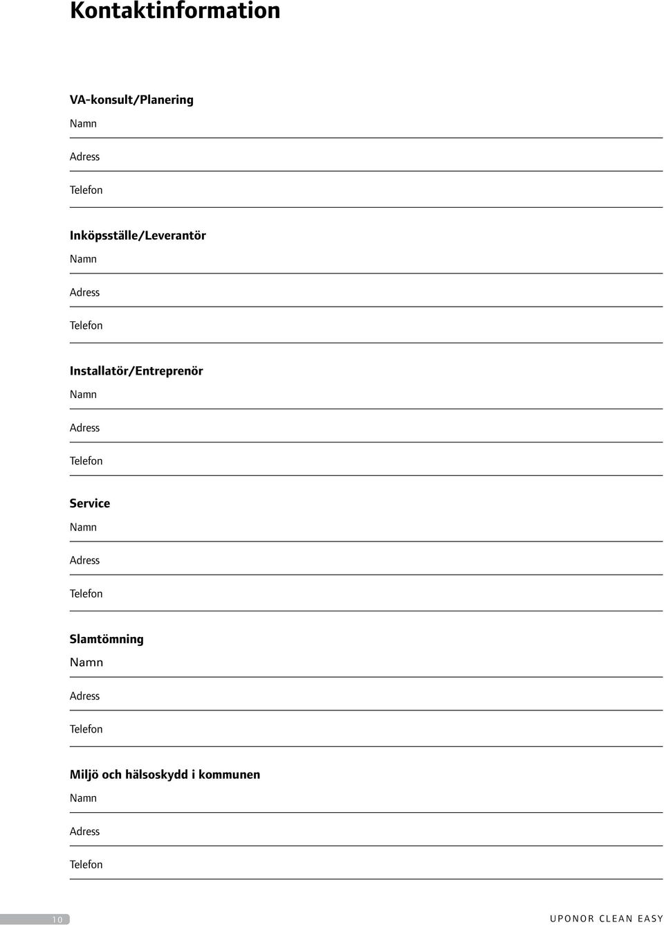 Namn Adress Telefon Service Namn Adress Telefon Slamtömning Namn