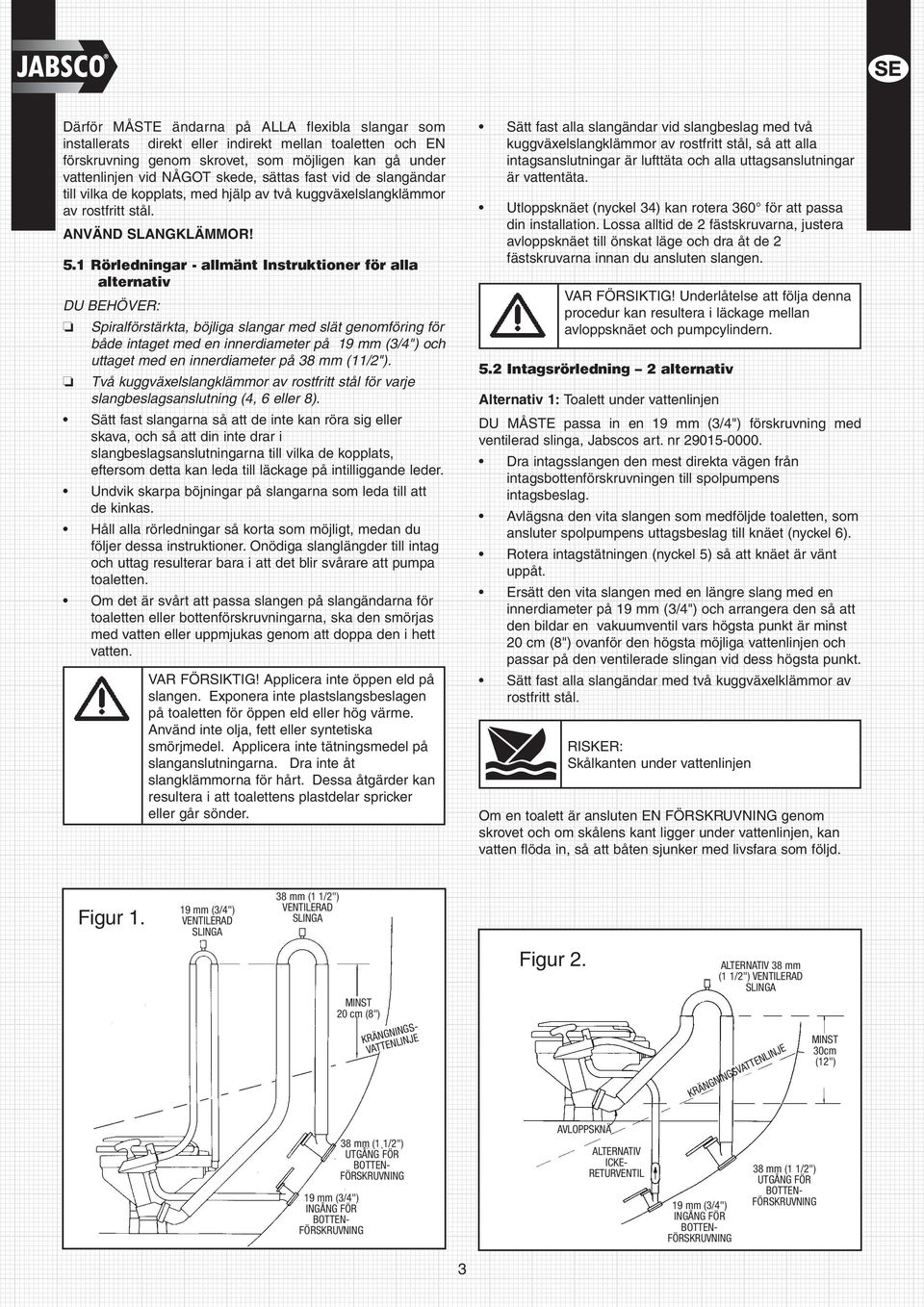 Rörledningar - allmänt Instruktioner för alla alternativ Spiralförstärkta, böjliga slangar med slät genomföring för både intaget med en innerdiameter på 9 mm (3/4") och uttaget med en innerdiameter