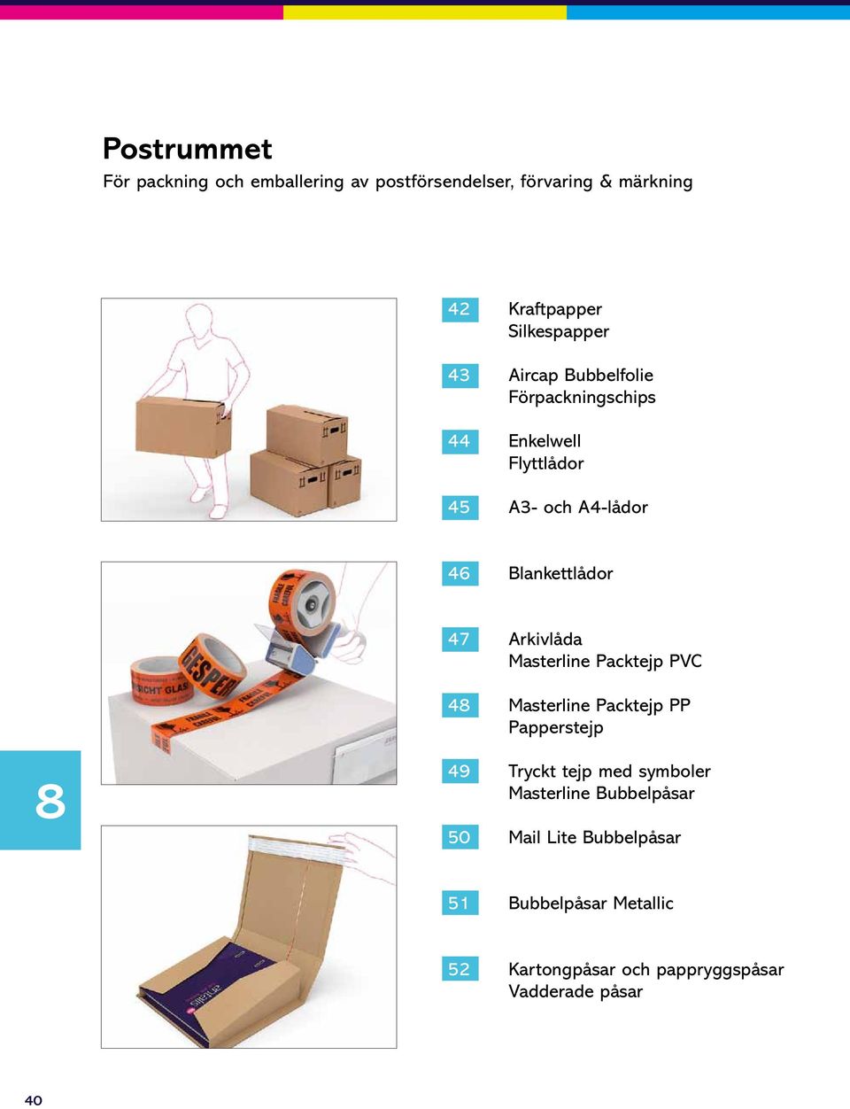 Arkivlåda Masterline Packtejp PVC Masterline Packtejp PP Papperstejp Tryckt tejp med symboler