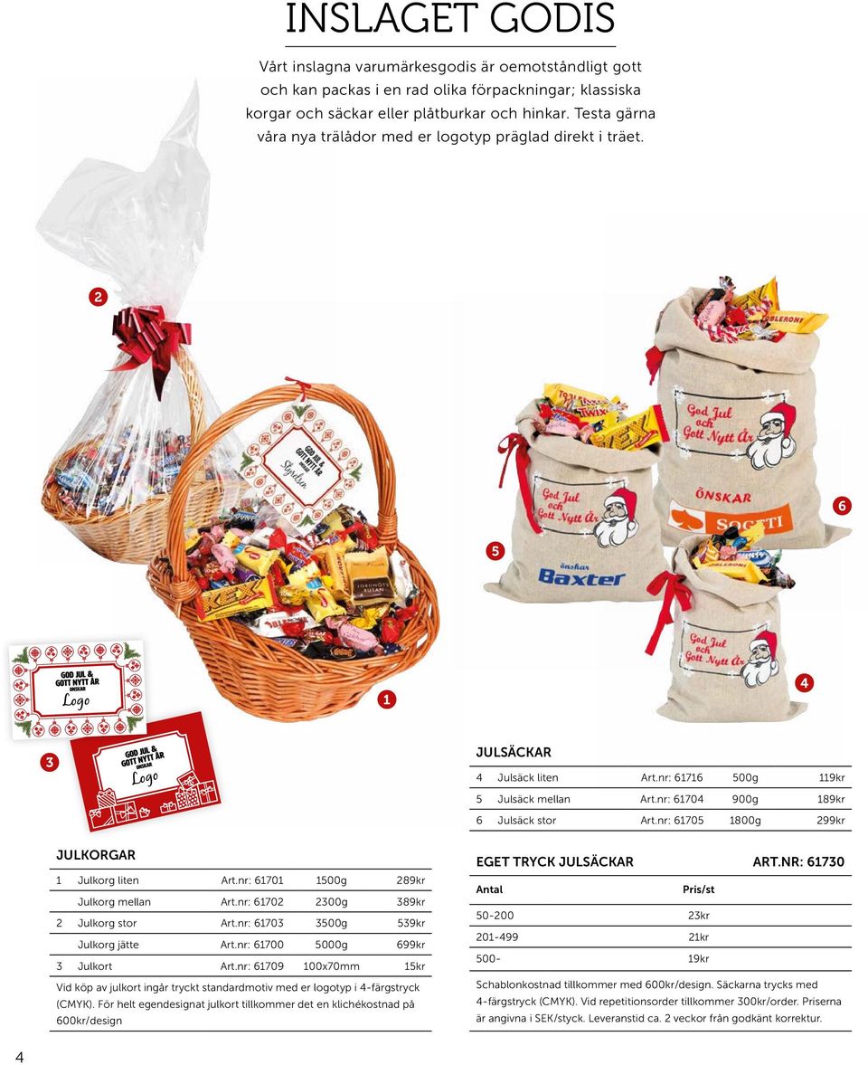 nr: 61705 1800g 299kr JULKORGAR 1 Julkorg liten Art.nr: 61701 1500g 289kr Julkorg mellan Art.nr: 61702 2300g 389kr 2 Julkorg stor Art.nr: 61703 3500g 539kr Julkorg jätte Art.