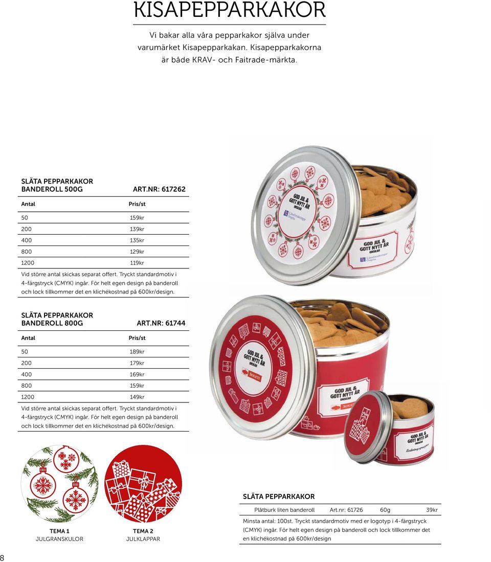 För helt egen design på banderoll och lock tillkommer det en klichékostnad på 600 kr/design. SLÄTA PEPPARKAKOR BANDEROLL 800G ART.