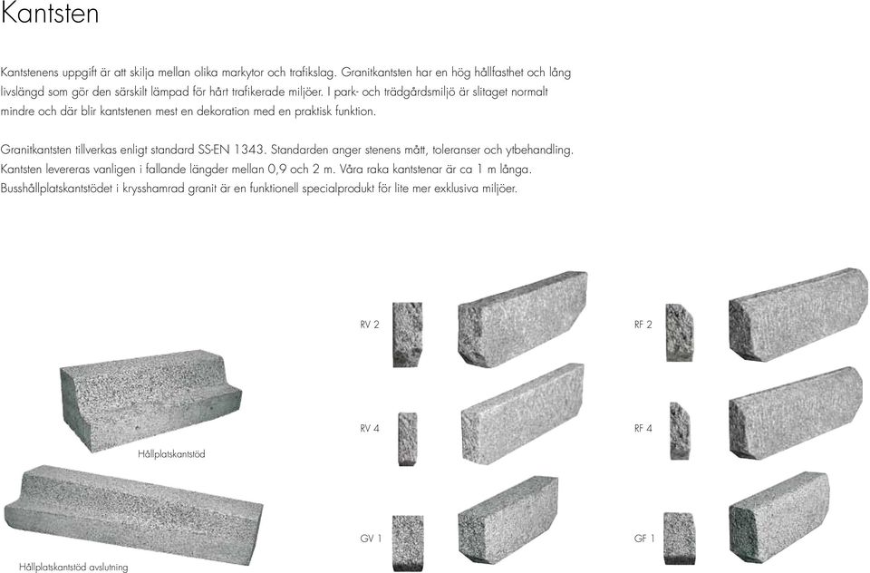 I park- och trädgårdsmiljö är slitaget normalt mindre och där blir kantstenen mest en dekoration med en praktisk funktion. Granitkantsten tillverkas enligt standard SS-EN 1343.