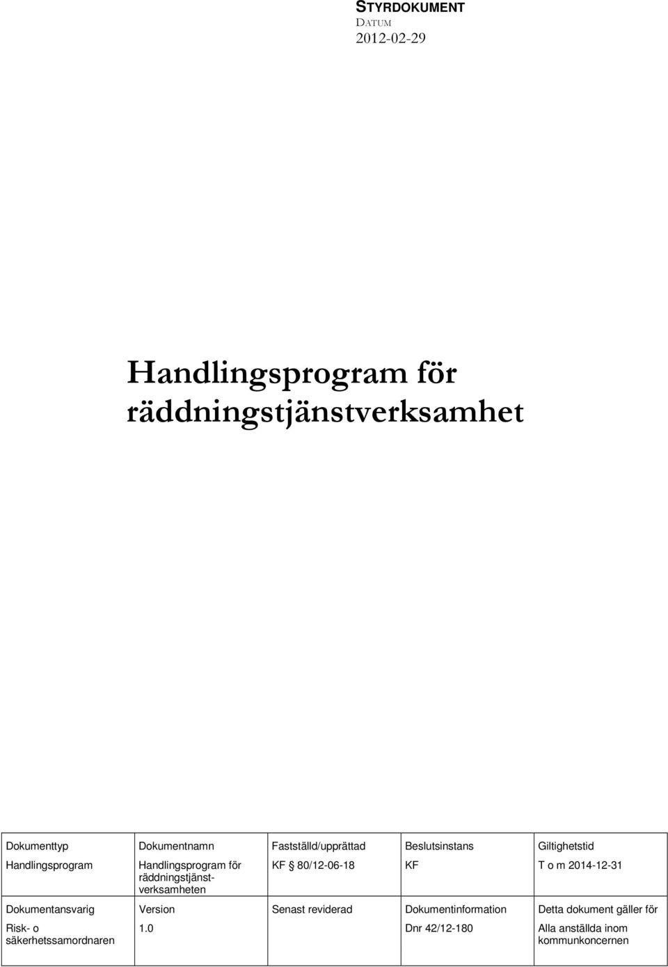 säkerhetssamordnaren Handlingsprogram för räddningstjänstverksamheten Version 1.