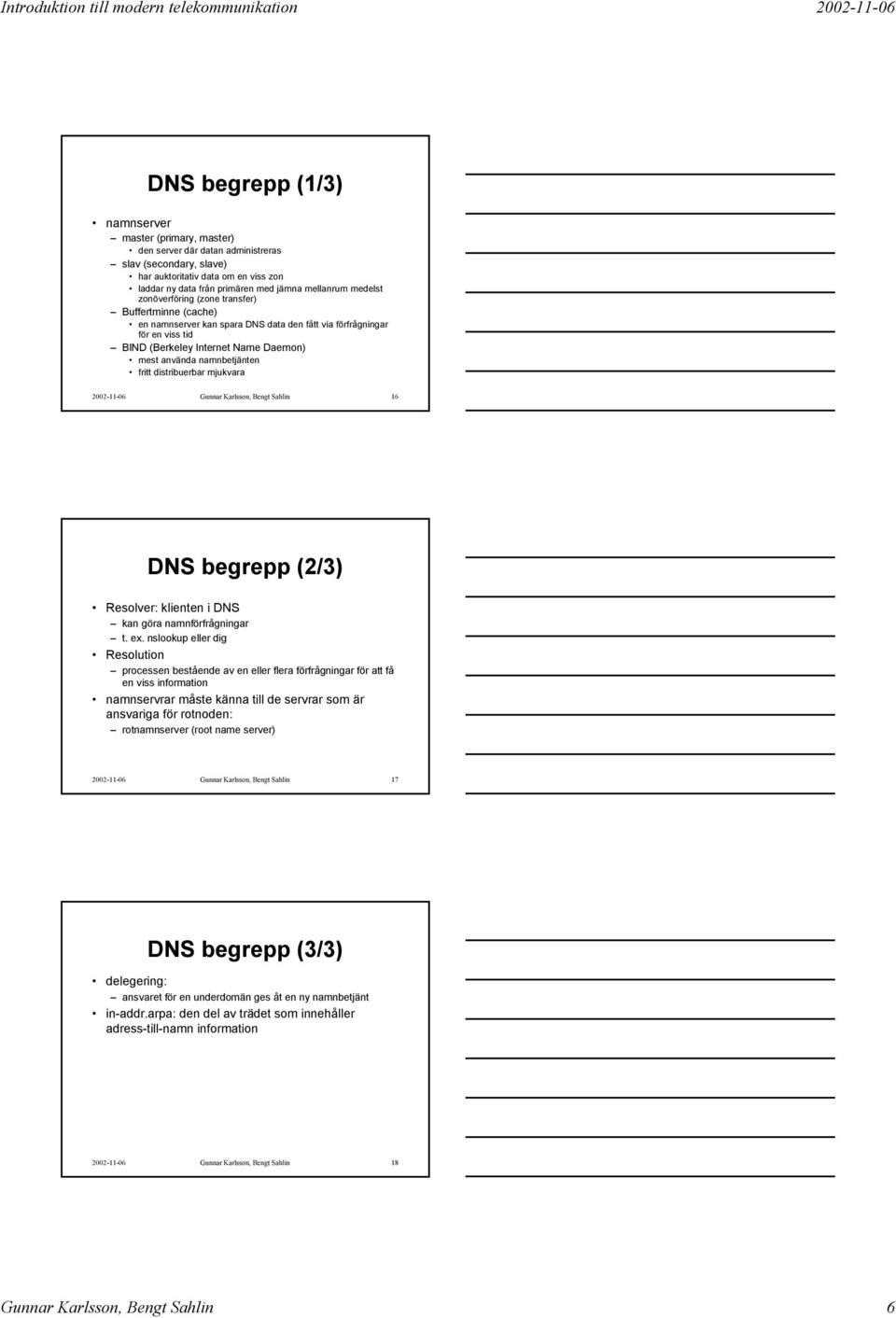 fritt distribuerbar mjukvara 2002-11-06 Gunnar Karlsson, Bengt Sahlin 16 DNS begrepp (2/3) Resolver: klienten i DNS kan göra namnförfrågningar t. ex.