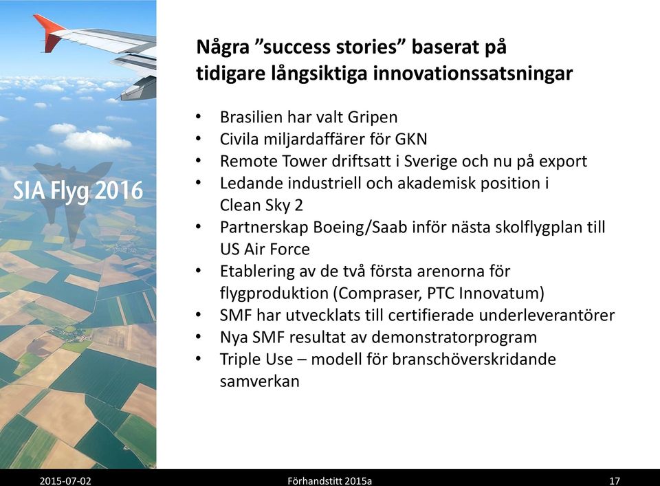 skolflygplan till US Air Force Etablering av de två första arenorna för flygproduktion (Compraser, PTC Innovatum) SMF har utvecklats till