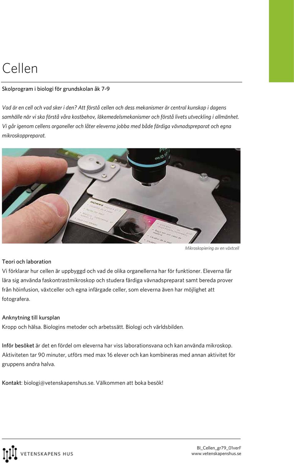 Vi går igenom cellens organeller och låter eleverna jobba med både färdiga vävnadspreparat och egna mikroskoppreparat.