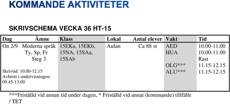 15 Avbrott i undervisningen: 09.45-13.