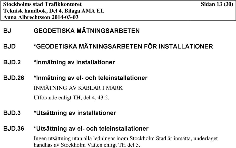 *Inmätning av el- och teleinstallationer INMÄTNING AV KABLAR I MARK Utförande enligt TH, del 4, 43.2.