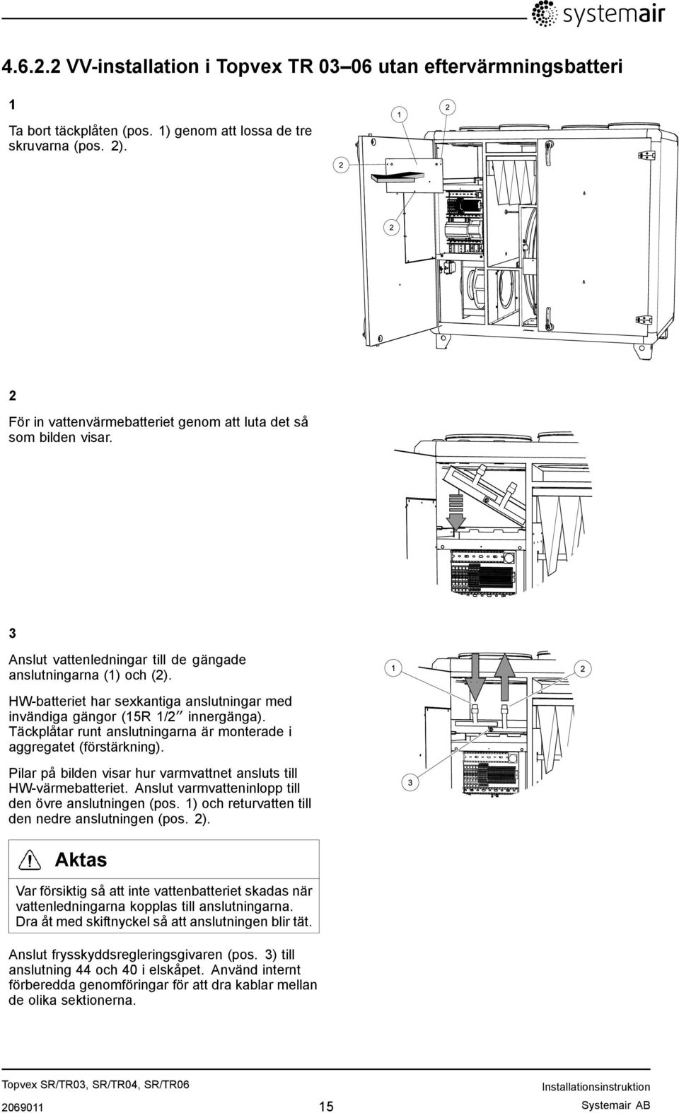 HW-batteriet har sexkantiga anslutningar med invändiga gängor (15R 1/2 innergänga). Täckplåtar runt anslutningarna är monterade i aggregatet (förstärkning).