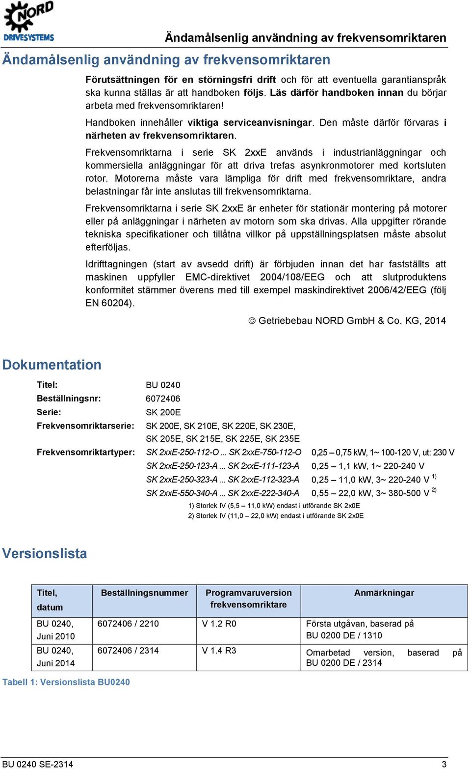 docx @ 132039 @ @ 1 Ändamålsenlig användning av frekvensomriktaren Ändamålsenlig användning av frekvensomriktaren Förutsättningen för en störningsfri drift och för att eventuella garantianspråk ska