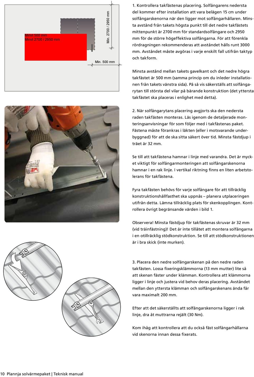 Minsta avstånd från takets högsta punkt till det nedre takfästets mittenpunkt är 2700 mm för standardsolfångare och 2950 mm för de större högeffektiva solfångarna.