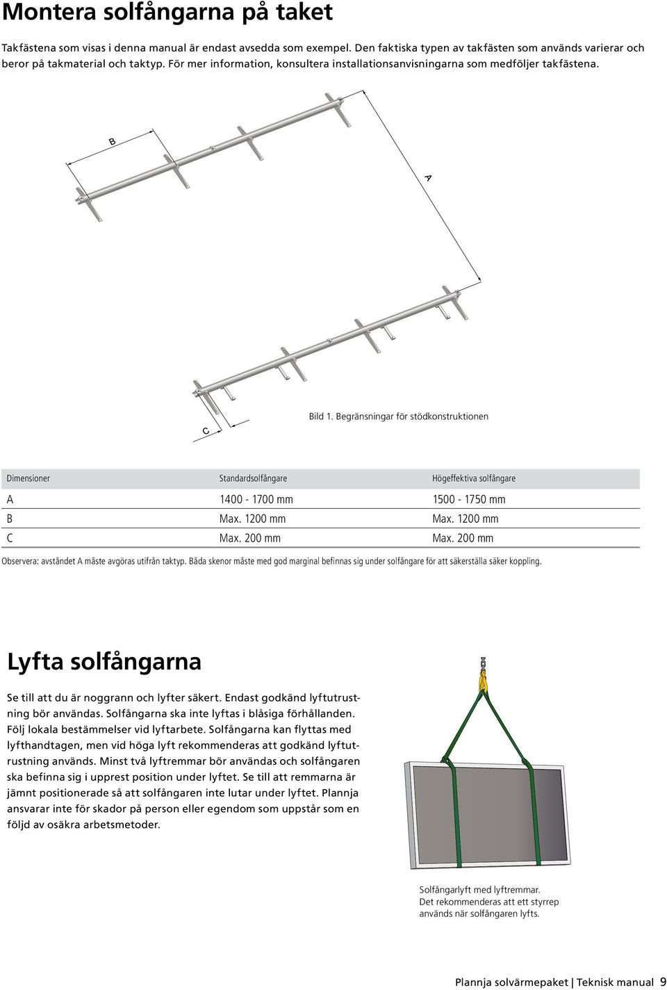 Begränsningar för stödkonstruktionen Dimensioner Standardsolfångare Högeffektiva solfångare A 1400-1700 mm 1500-1750 mm B Max. 1200 mm Max. 1200 mm C Max. 200 mm Max.