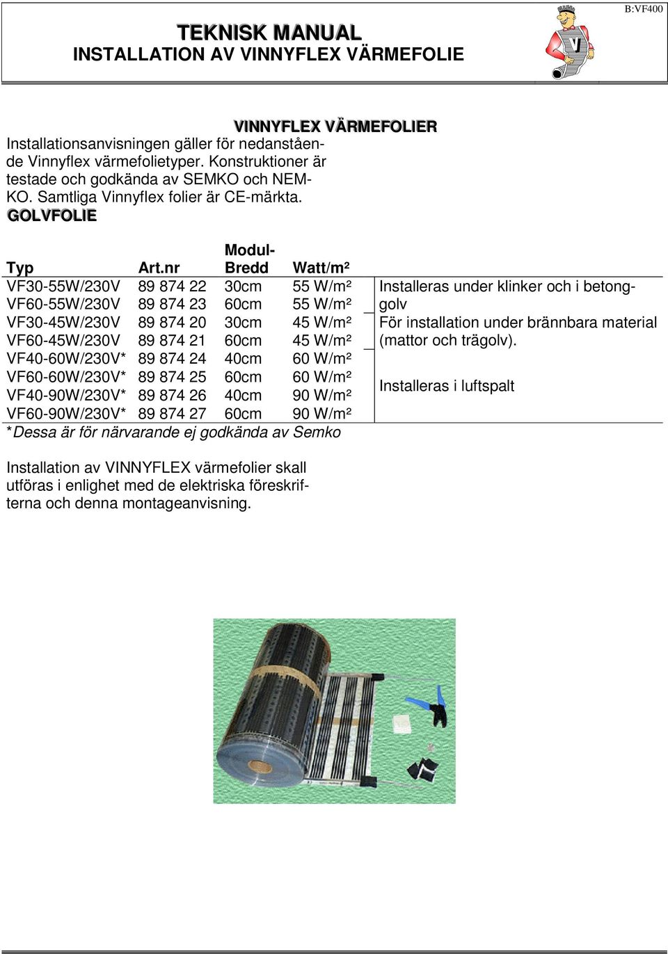 nr Modul- Bredd Watt/m² VF30-55W/230V 89 874 22 30cm 55 W/m² VF60-55W/230V 89 874 23 60cm 55 W/m² VF30-45W/230V 89 874 20 30cm 45 W/m² VF60-45W/230V 89 874 21 60cm 45 W/m² VF40-60W/230V* 89 874 24