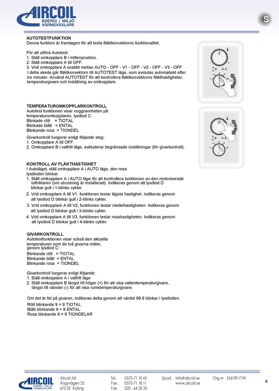 Använd AUTOTEST för att kontrollera fläktkonvektorns fläkthastigheter, temperaturgivare och inställning av omkopplare.