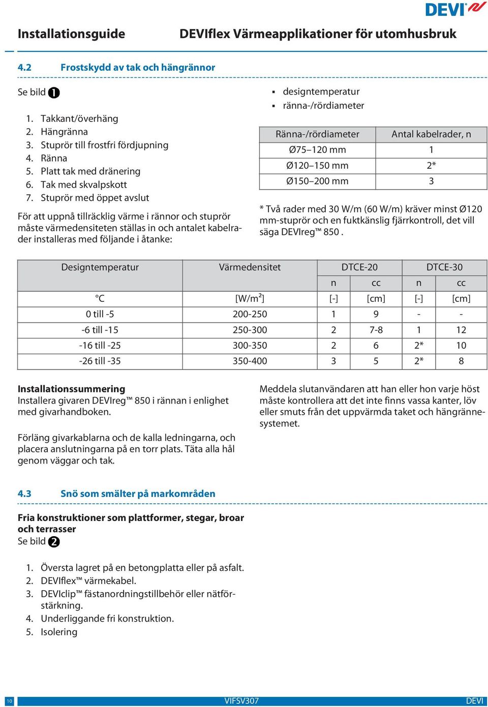 ränna-/rördiameter Ränna-/rördiameter Antal kabelrader, n Ø75 120 mm 1 Ø120 150 mm 2* Ø150 200 mm 3 * Två rader med 30 W/m (60 W/m) kräver minst Ø120 mm-stuprör och en fuktkänslig fjärrkontroll, det