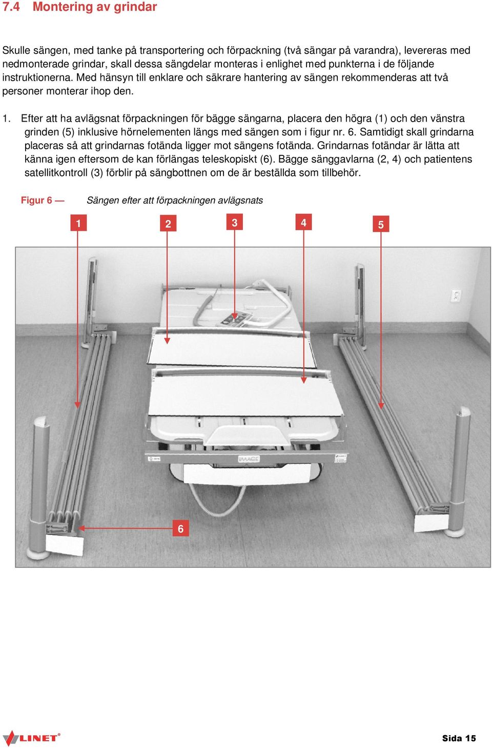 Efter att ha avlägsnat förpackningen för bägge sängarna, placera den högra (1) och den vänstra grinden (5) inklusive hörnelementen längs med sängen som i figur nr. 6.