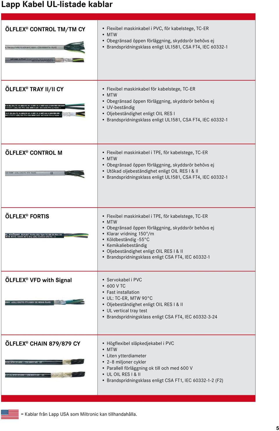 enligt UL1581, CSA FT4, IEC 60332-1 ÖLFLEX Control M Flexibel maskinkabel i TPE, för kabelstege, TC-ER Obegränsad öppen förläggning, skyddsrör behövs ej Utökad oljebeständighet enligt Oil Res I & II