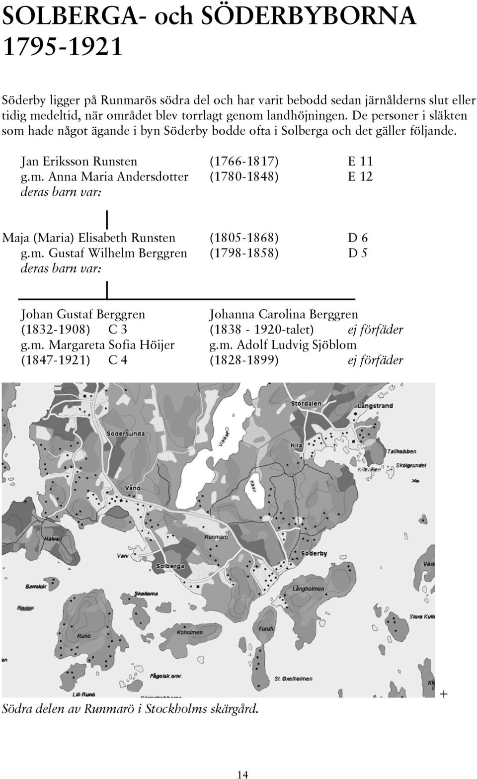 m. Gustaf Wilhelm Berggren (1798-1858) D 5 deras barn var: Johan Gustaf Berggren Johanna Carolina Berggren (1832-1908) C 3 (1838-1920-talet) ej förfäder g.m. Margareta Sofia Höijer g.m. Adolf Ludvig Sjöblom (1847-1921) C 4 (1828-1899) ej förfäder Södra delen av Runmarö i Stockholms skärgård.