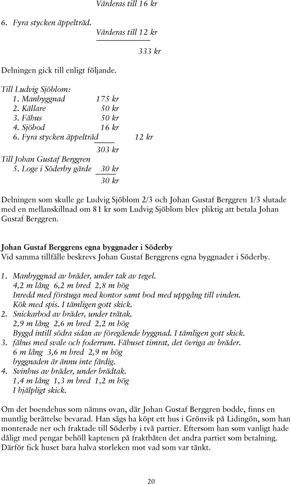 Loge i Söderby gärde 30 kr 30 kr Delningen som skulle ge Ludvig Sjöblom 2/3 och Johan Gustaf Berggren 1/3 slutade med en mellanskillnad om 81 kr som Ludvig Sjöblom blev pliktig att betala Johan