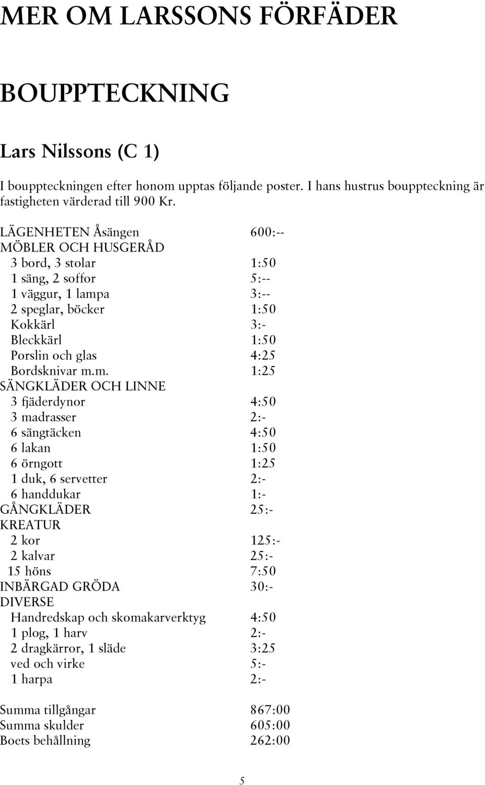 m. 1:25 SÄNGKLÄDER OCH LINNE 3 fjäderdynor 4:50 3 madrasser 2:- 6 sängtäcken 4:50 6 lakan 1:50 6 örngott 1:25 1 duk, 6 servetter 2:- 6 handdukar 1:- GÅNGKLÄDER 25:- KREATUR 2 kor 125:- 2 kalvar 25:-