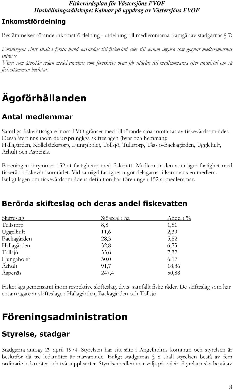 Ägoförhållanden Antal medlemmar Samtliga fiskerättsägare inom FVO gränser med tillhörande sjöar omfattas av fiskevårdsområdet.