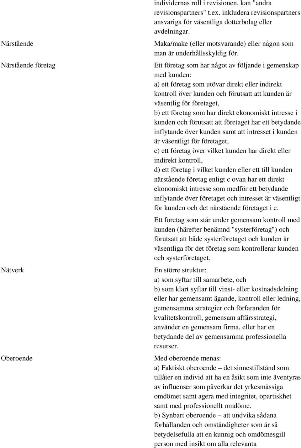 Ett företag som har något av följande i gemenskap med kunden: a) ett företag som utövar direkt eller indirekt kontroll över kunden och förutsatt att kunden är väsentlig för företaget, b) ett företag