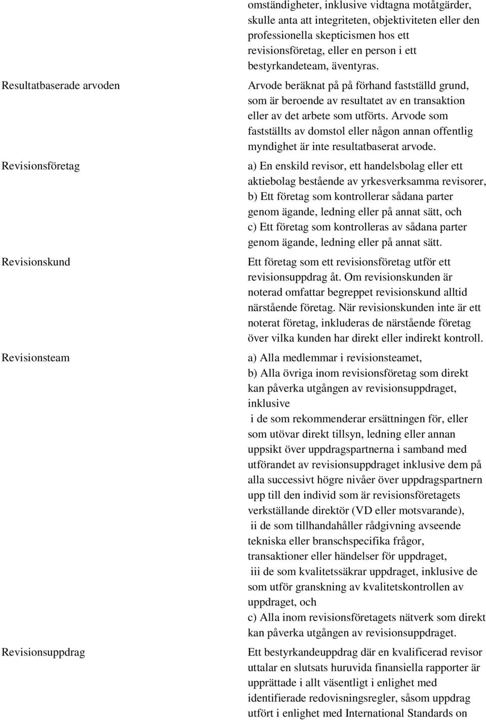 Arvode beräknat på på förhand fastställd grund, som är beroende av resultatet av en transaktion eller av det arbete som utförts.