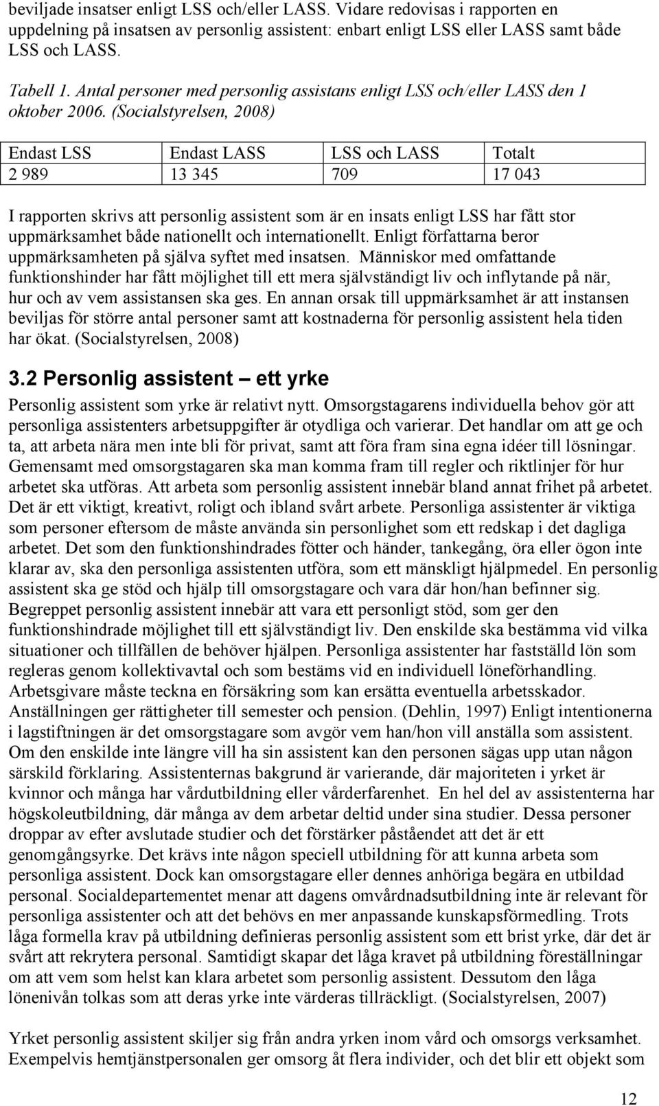 (Socialstyrelsen, 2008) Endast LSS Endast LASS LSS och LASS Totalt 2 989 13 345 709 17 043 I rapporten skrivs att personlig assistent som är en insats enligt LSS har fått stor uppmärksamhet både