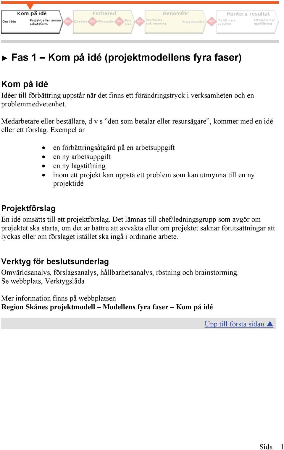 Exempel är en förbättringsåtgärd på en arbetsuppgift en ny arbetsuppgift en ny lagstiftning inom ett projekt kan uppstå ett problem som kan utmynna till en ny projektidé Projektförslag En idé omsätts