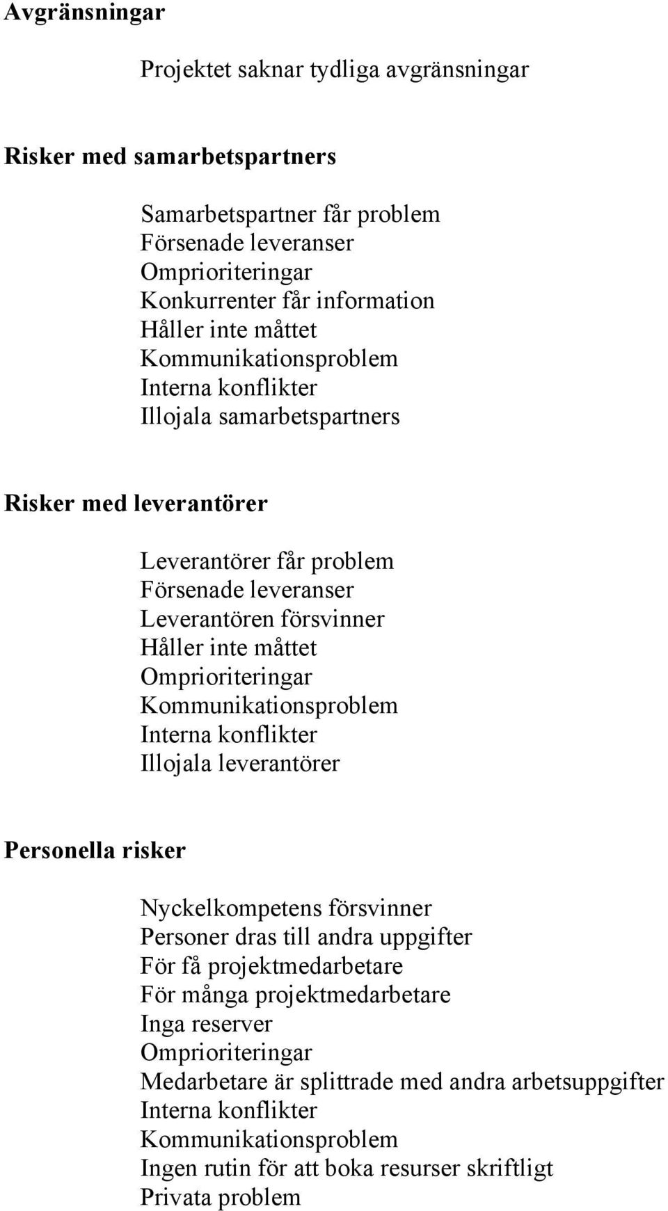 försvinner Håller inte måttet Illojala leverantörer Personella risker Nyckelkompetens försvinner Personer dras till andra uppgifter För få