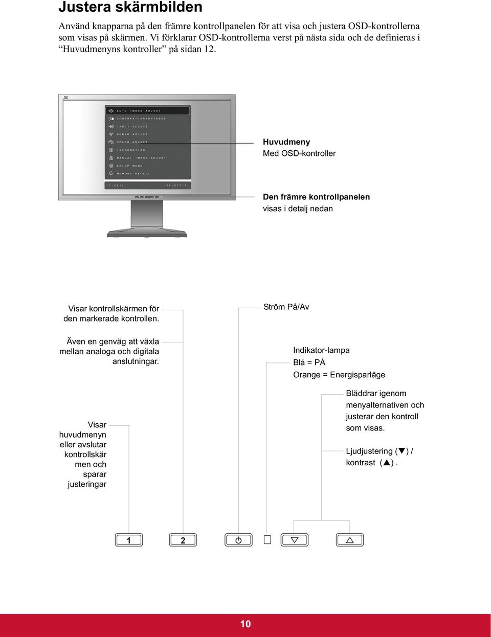 Huvudmeny Med OSD-kontroller Den främre kontrollpanelen visas i detalj nedan Visar kontrollskärmen för den markerade kontrollen.