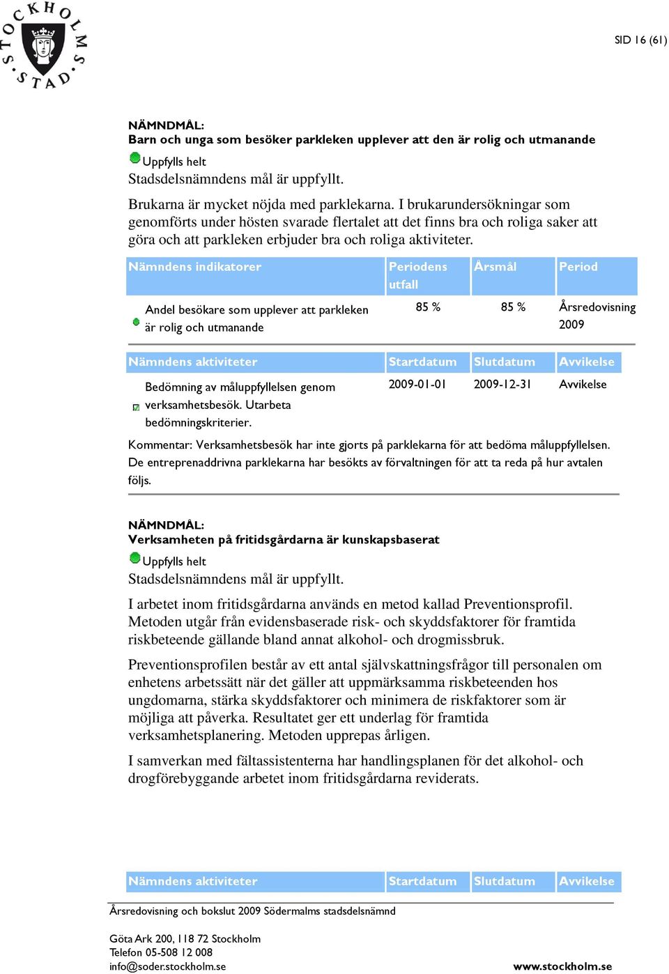 Nämndens indikatorer Andel besökare som upplever att parkleken är rolig och utmanande ens 85 % 85 % Årsredovisning Nämndens aktiviteter Startdatum Slutdatum Avvikelse Bedömning av måluppfyllelsen