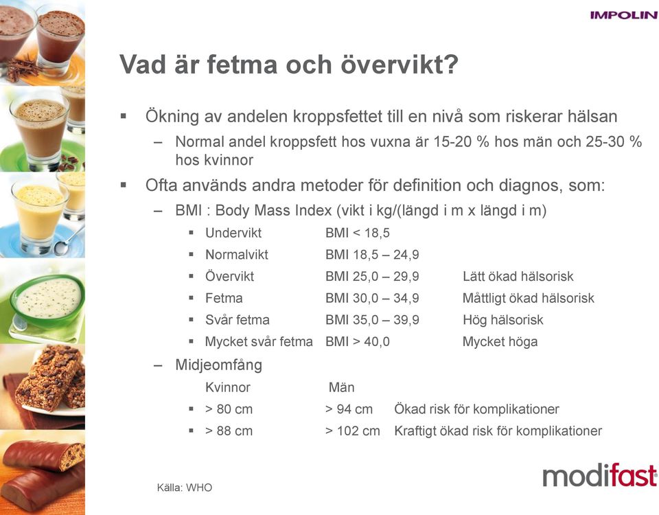 andra metoder för definition och diagnos, som: BMI : Body Mass Index (vikt i kg/(längd i m x längd i m) Undervikt BMI < 18,5 Normalvikt BMI 18,5 24,9