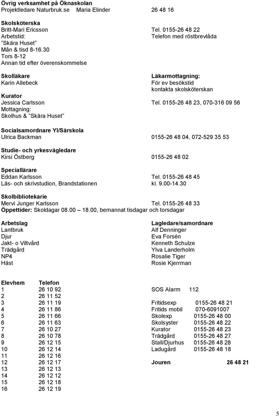 0155-26 48 23, 070-316 09 56 Mottagning: Skolhus & Skära Huset Socialsamordnare YI/Särskola Ulrica Backman 0155-26 48 04, 072-529 35 53 Studie- och yrkesvägledare Kirsi Östberg 0155-26 48 02