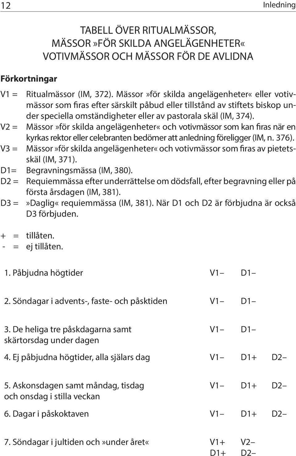 V2 = Mässor»för skilda angelägenheter«och votivmässor som kan firas när en kyrkas rektor eller celebranten bedömer att anledning föreligger (IM, n. 376).