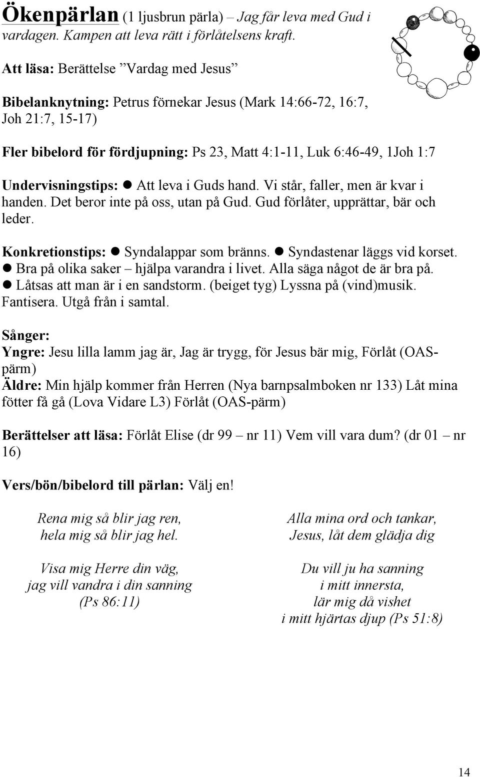 Undervisningstips: l Att leva i Guds hand. Vi står, faller, men är kvar i handen. Det beror inte på oss, utan på Gud. Gud förlåter, upprättar, bär och leder. Konkretionstips: l Syndalappar som bränns.